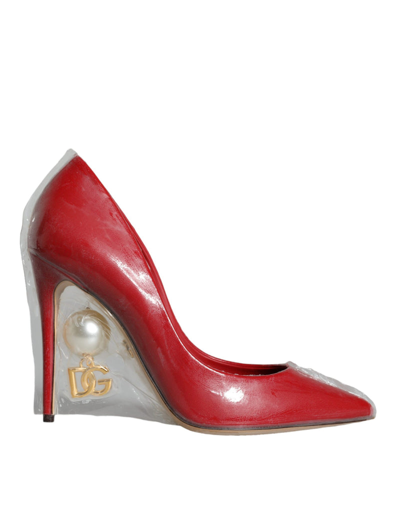 Dolce & Gabbana Red Patent Leather Faux Pearl Heels Pumps