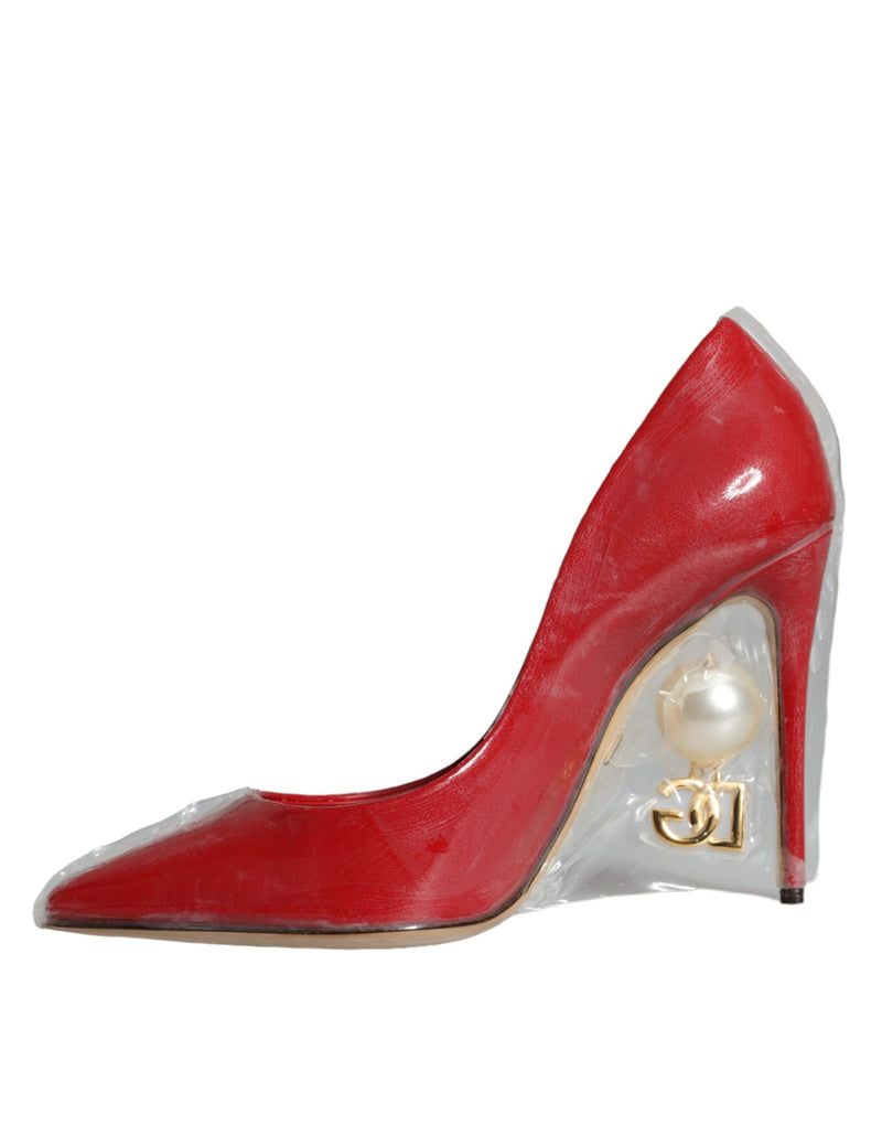 Dolce & Gabbana Red Patent Leather Faux Pearl Heels Pumps