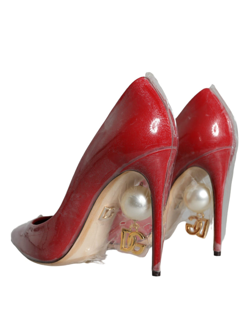 Dolce & Gabbana Red Patent Leather Faux Pearl Heels Pumps