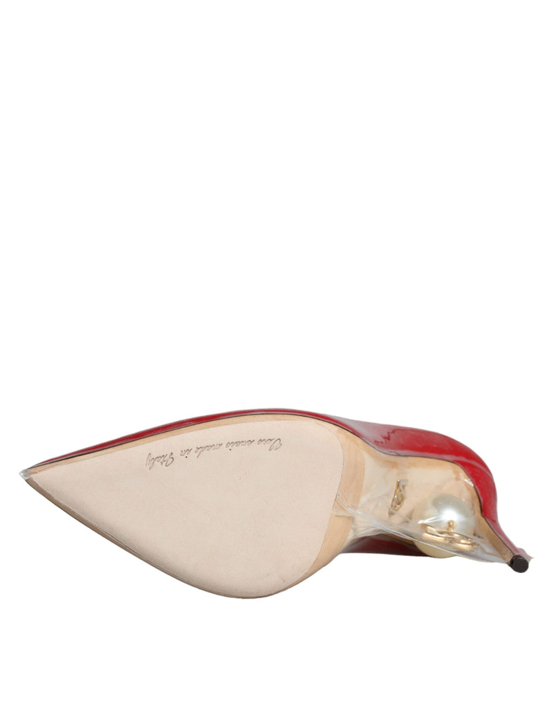 Dolce & Gabbana Red Patent Leather Faux Pearl Heels Pumps