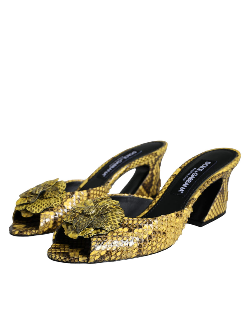 Dolce & Gabbana Yellow Python Leather Block Heels Slides