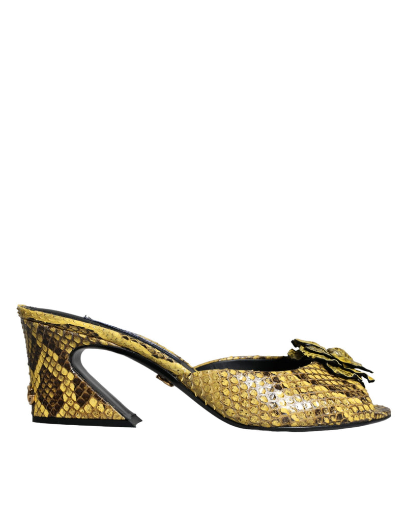Dolce & Gabbana Yellow Python Leather Block Heels Slides