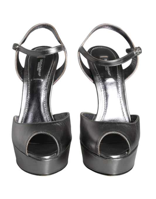 Dolce & Gabbana Metallic Silver Leather Keira Platform Sandals