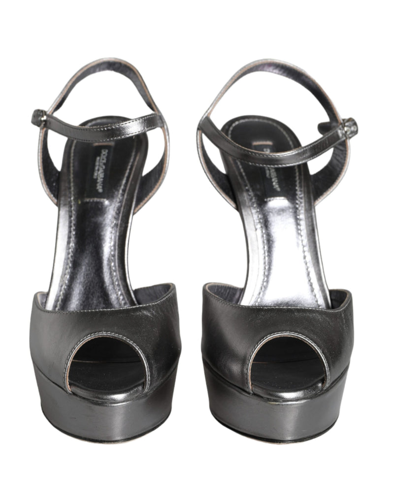 Dolce & Gabbana Metallic Silver Leather Keira Platform Sandals