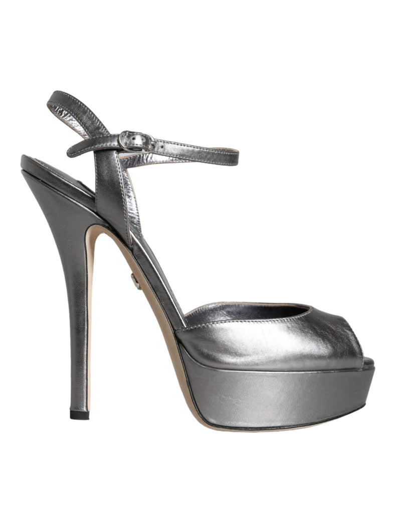 Dolce & Gabbana Metallic Silver Leather Keira Platform Sandals