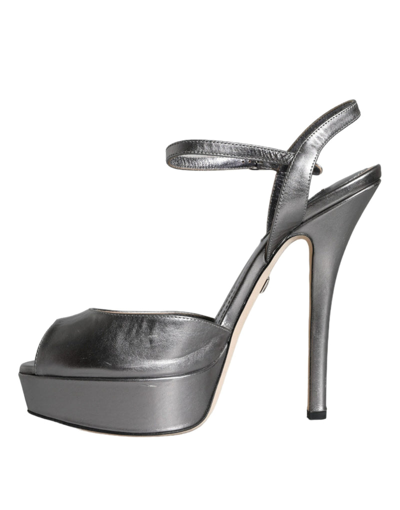 Dolce & Gabbana Metallic Silver Leather Keira Platform Sandals
