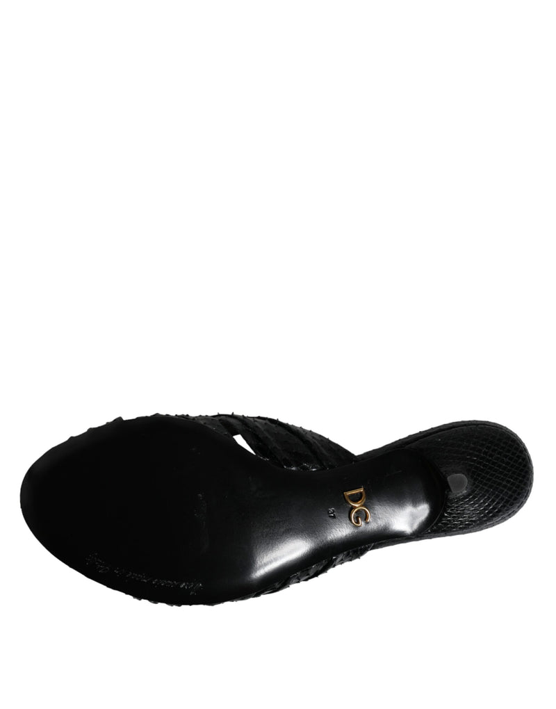 Dolce & Gabbana Black Python Leather Heels Slides Sandals