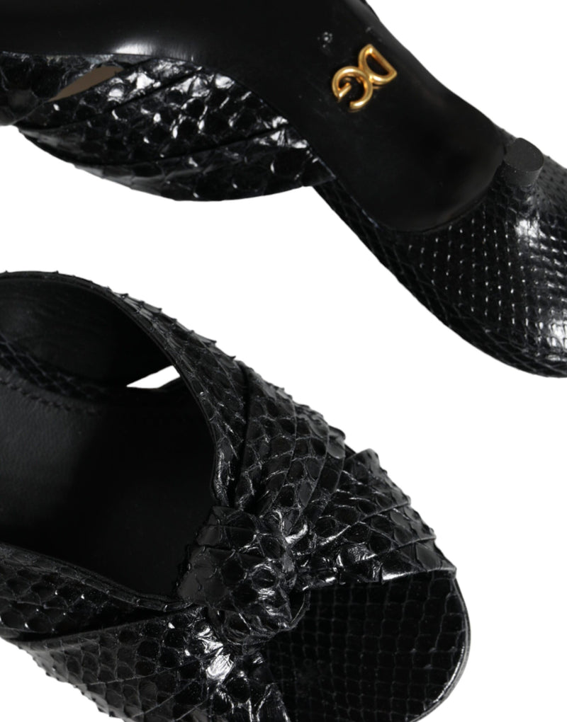Dolce & Gabbana Black Python Leather Heels Slides Sandals