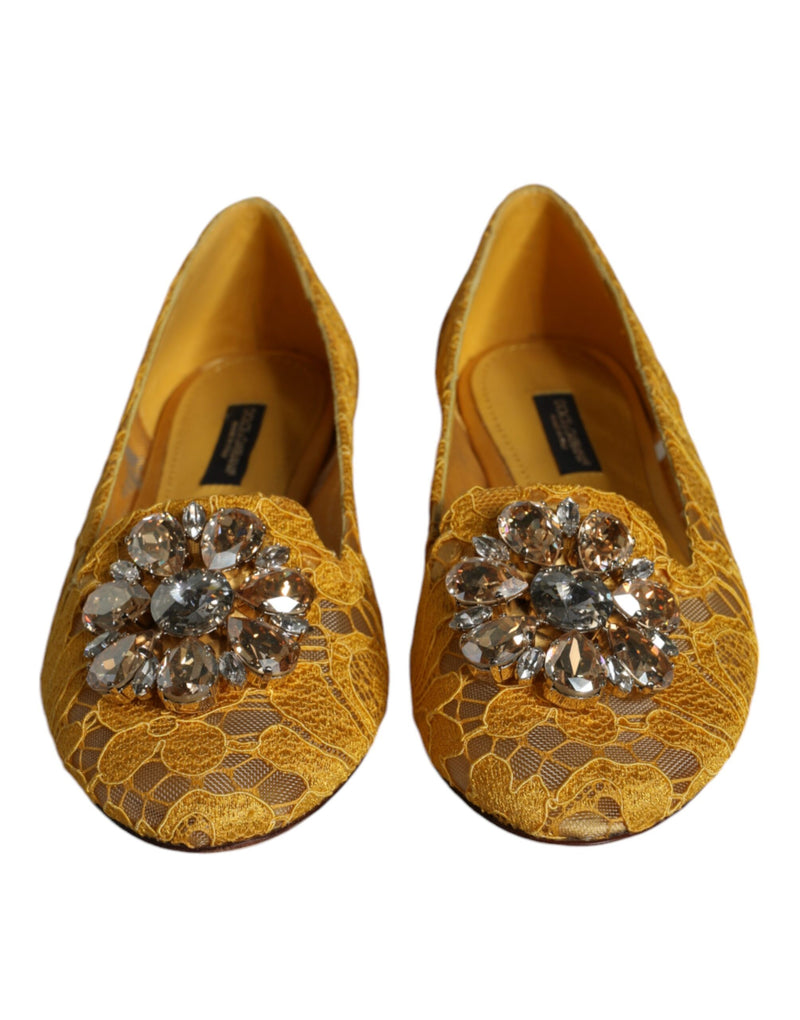 Dolce & Gabbana Mustard Lace Crystal Ballet Flats