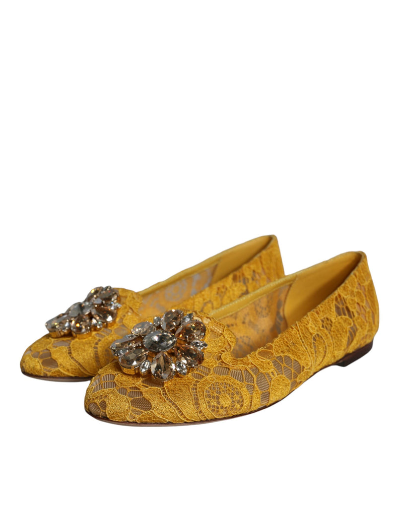 Dolce & Gabbana Mustard Lace Crystal Ballet Flats