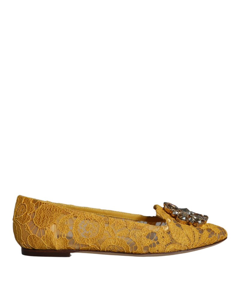 Dolce & Gabbana Mustard Lace Crystal Ballet Flats
