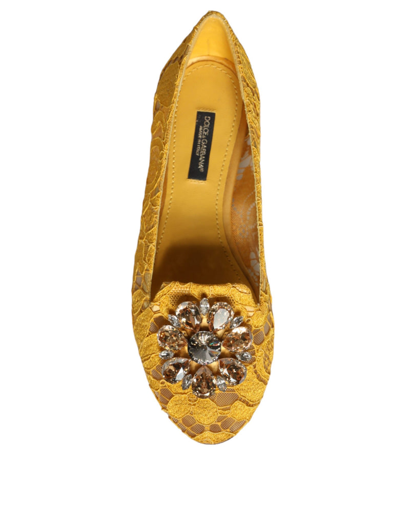 Dolce & Gabbana Mustard Lace Crystal Ballet Flats