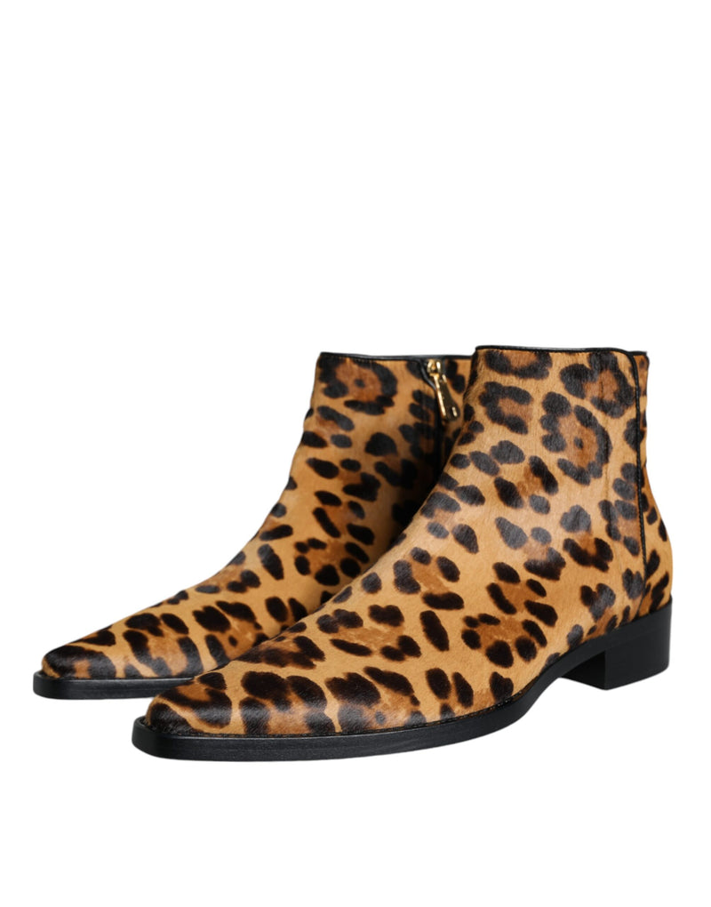 Dolce & Gabbana Bottines en Fourrure de Veau Léopard Marron