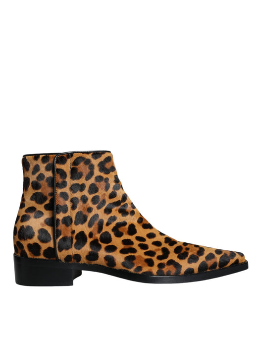 Bottines en daim marron à motif léopard et fourrure de veau Dolce & Gabbana