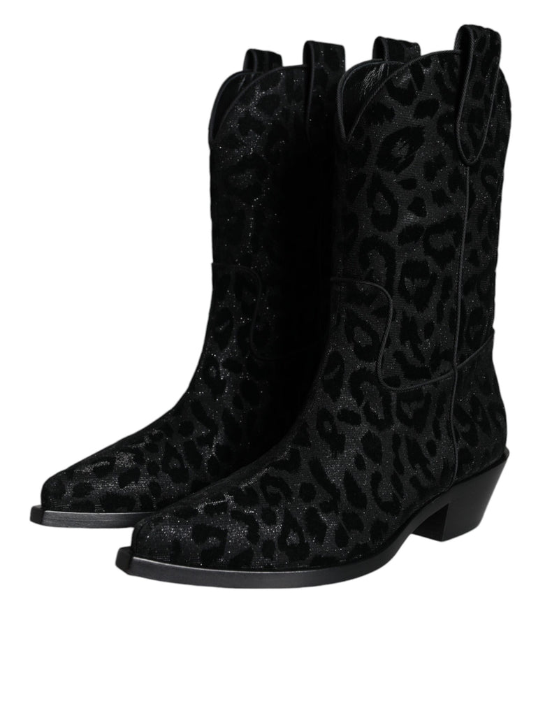 Dolce & Gabbana Black Gray Leopard Cowboy Mid Calf Boots