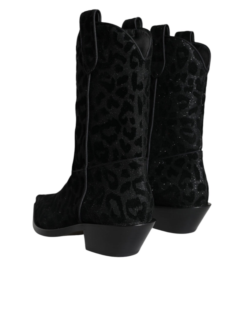 Dolce & Gabbana Black Gray Leopard Cowboy Mid Calf Boots