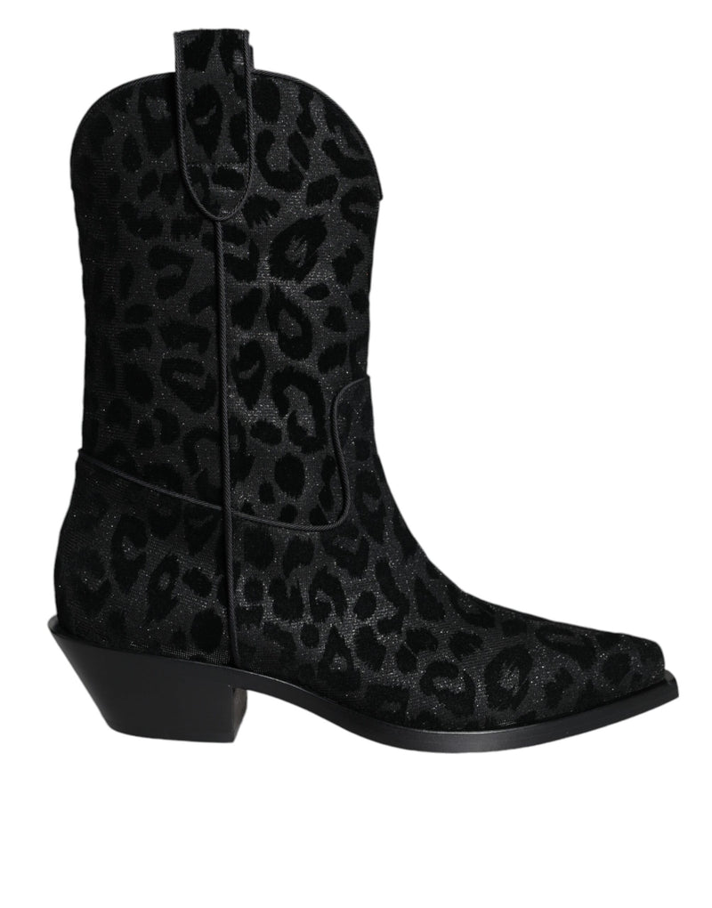 Dolce & Gabbana Black Gray Leopard Cowboy Mid Calf Boots