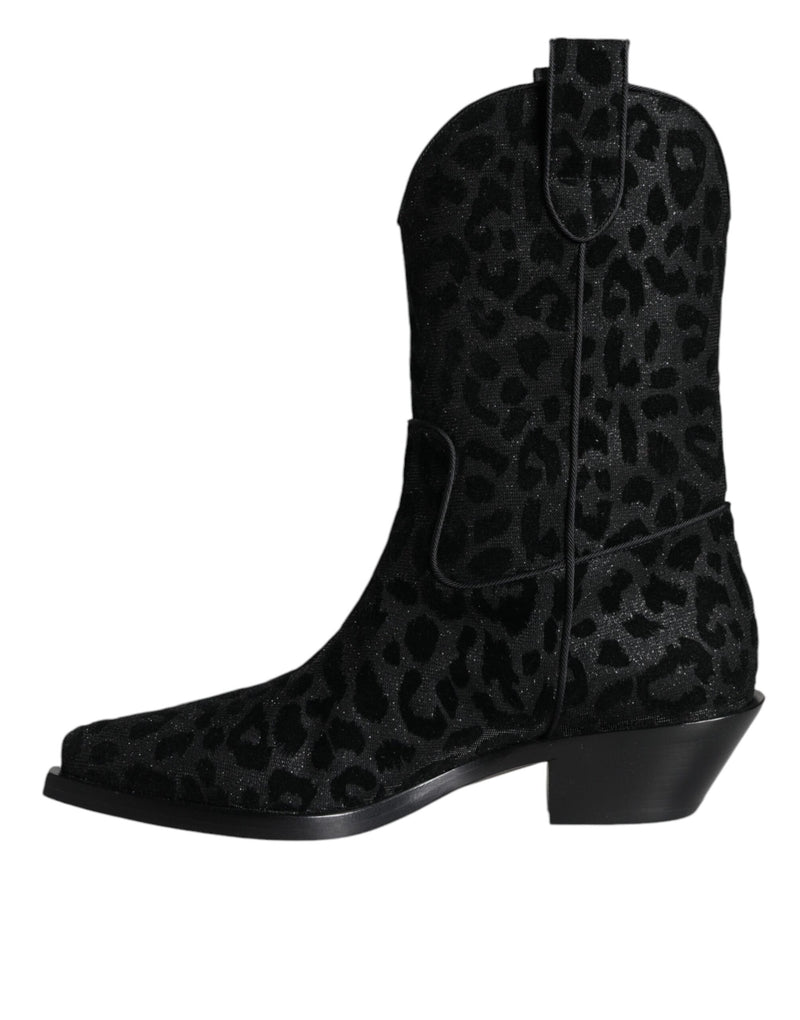 Dolce & Gabbana Black Gray Leopard Cowboy Mid Calf Boots