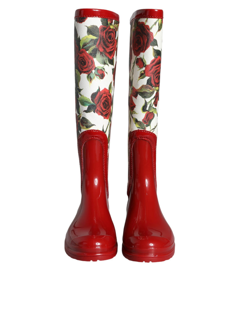 Dolce & Gabbana Red Floral Rubber Knee High Flat Boots