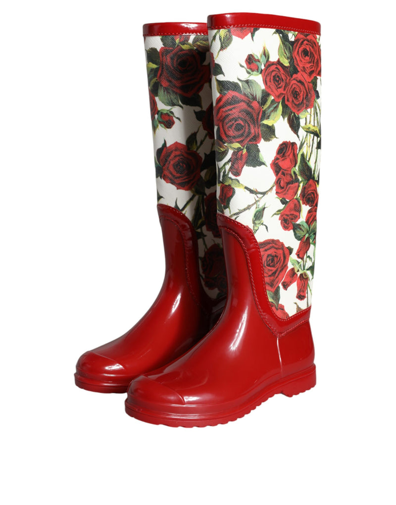 Dolce & Gabbana Red Floral Rubber Knee High Flat Boots