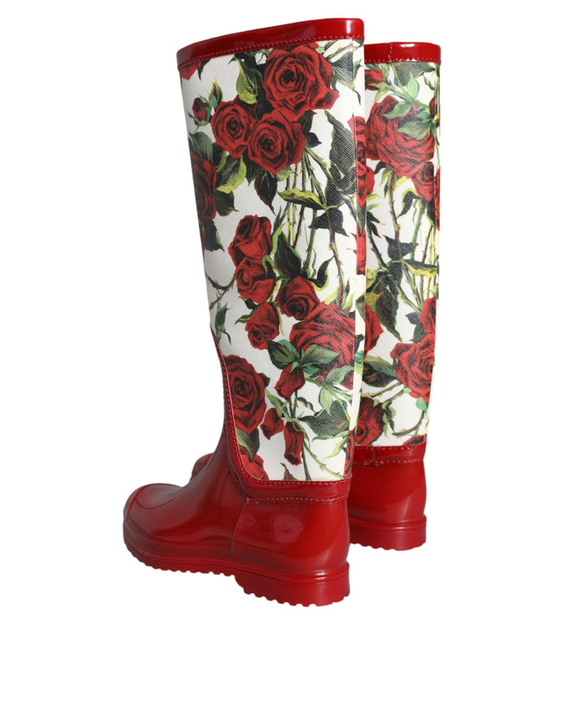 Dolce & Gabbana Red Floral Rubber Knee High Flat Boots