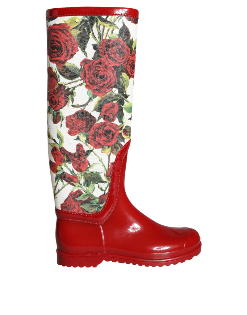 Dolce & Gabbana Red Floral Rubber Knee High Flat Boots