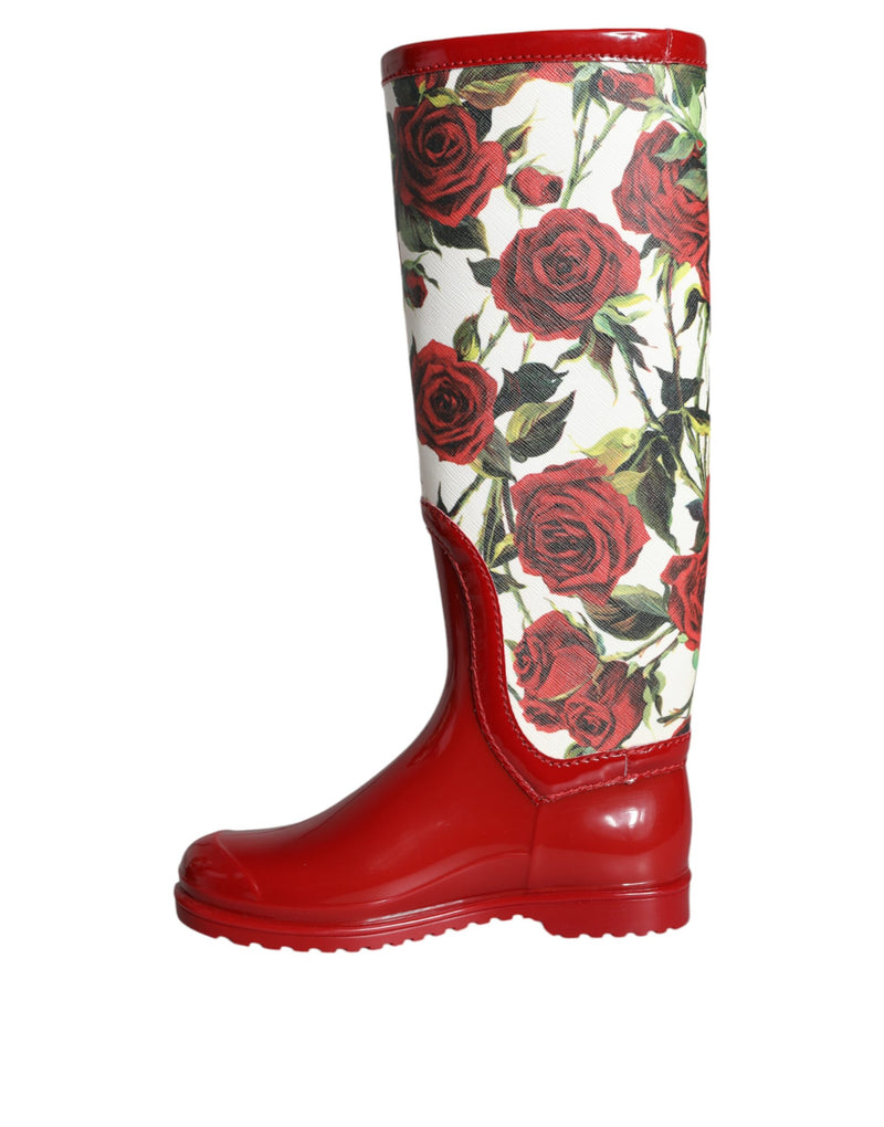 Dolce & Gabbana Red Floral Rubber Knee High Flat Boots