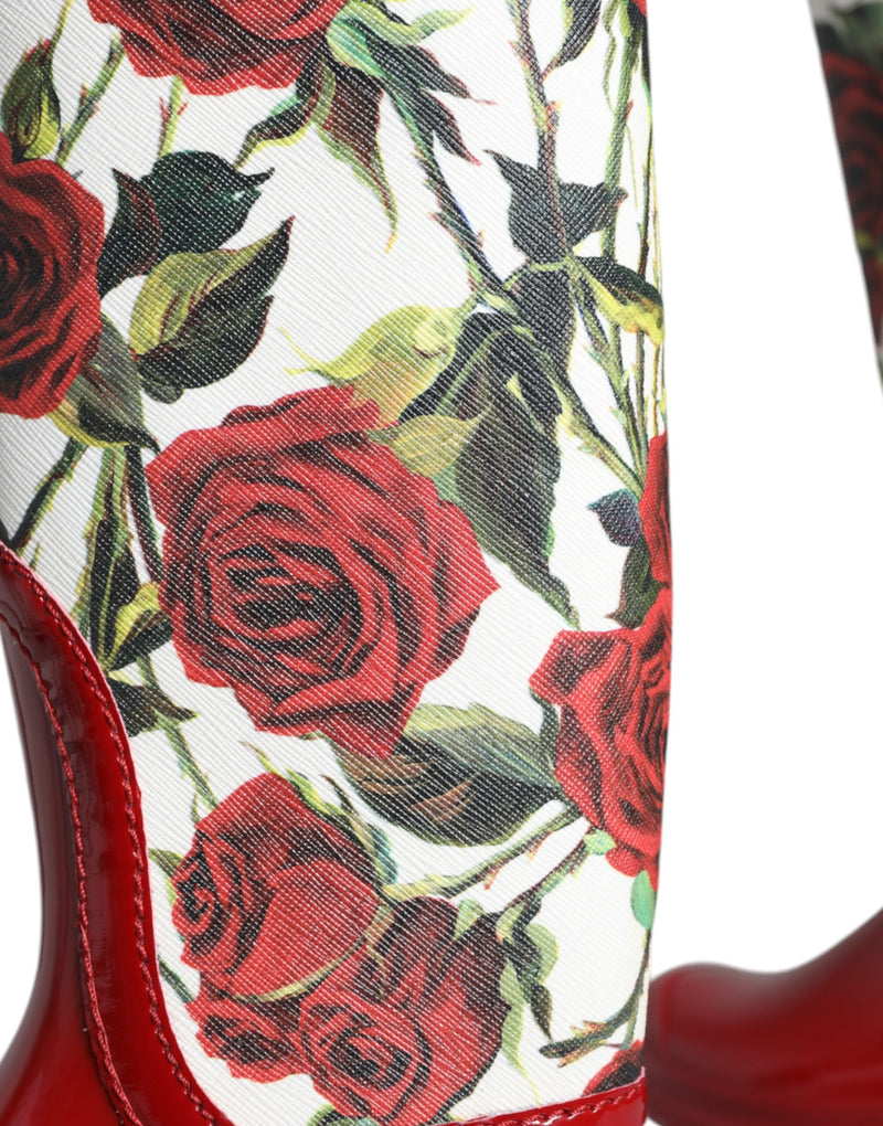 Dolce & Gabbana Red Floral Rubber Knee High Flat Boots