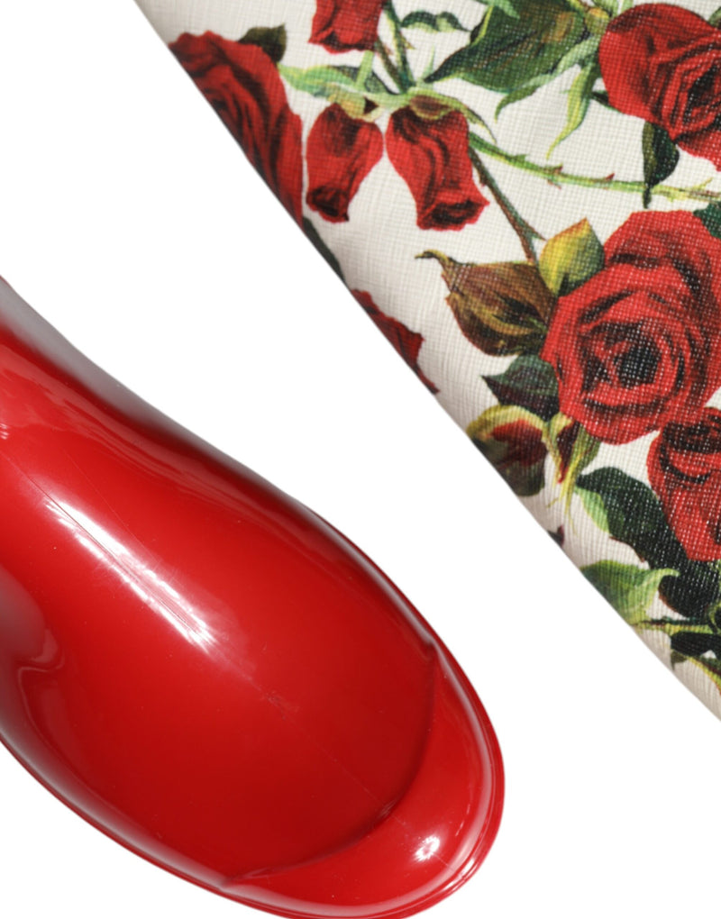 Dolce & Gabbana Red Floral Rubber Knee High Flat Boots
