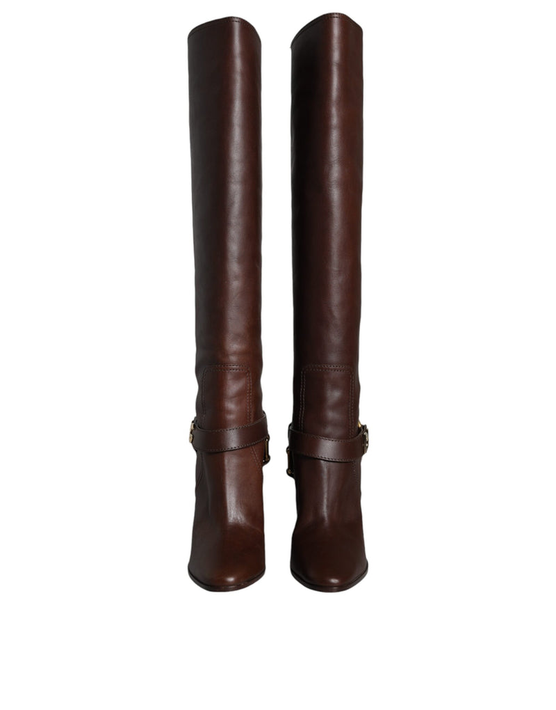 Dolce & Gabbana Bottes Hautes en Cuir Marron avec Logo Doré