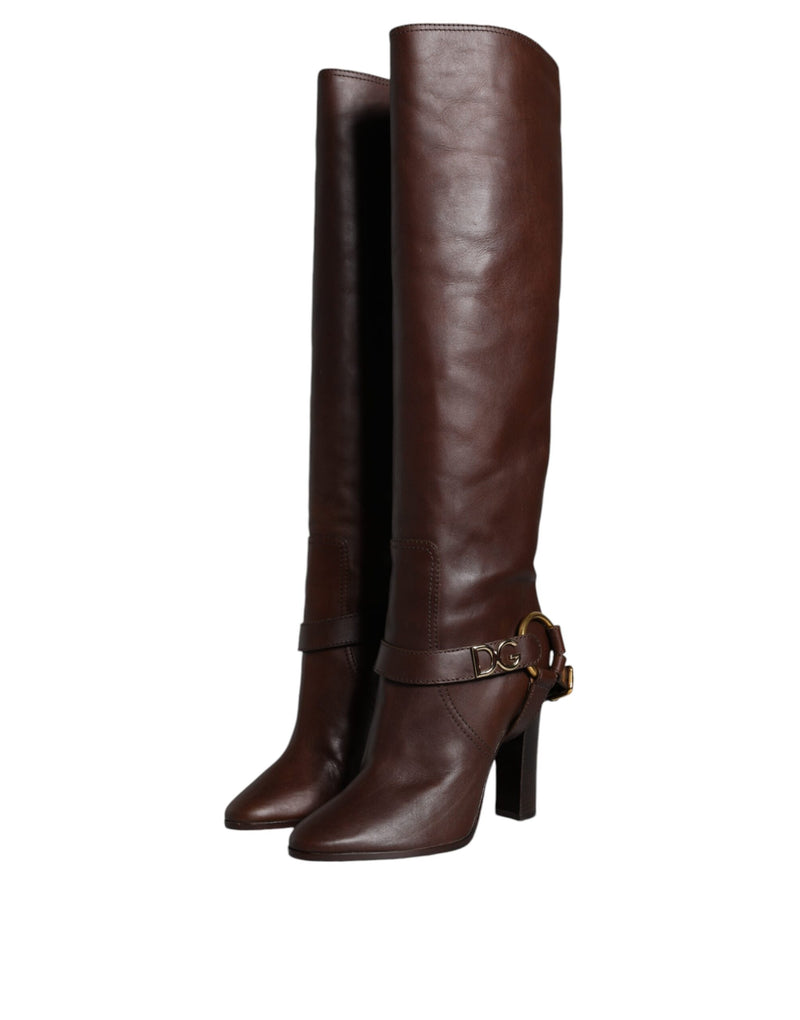 Dolce & Gabbana Bottes Hautes en Cuir Marron avec Logo Doré