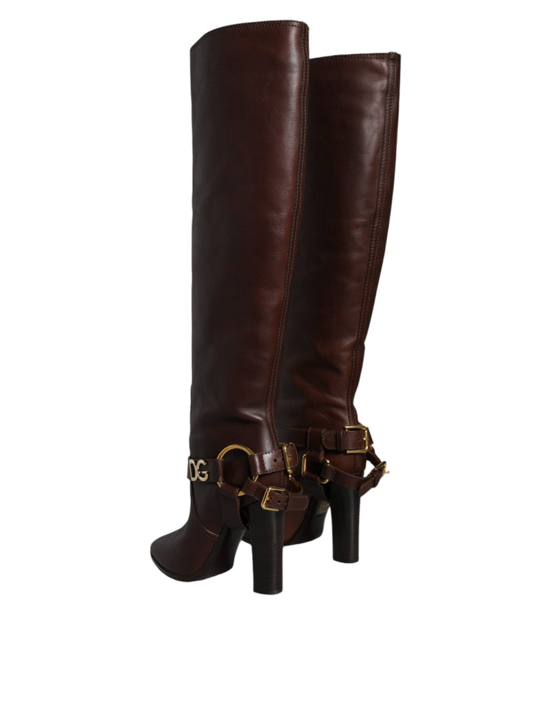 Dolce & Gabbana Bottes Hautes en Cuir Marron avec Logo Doré