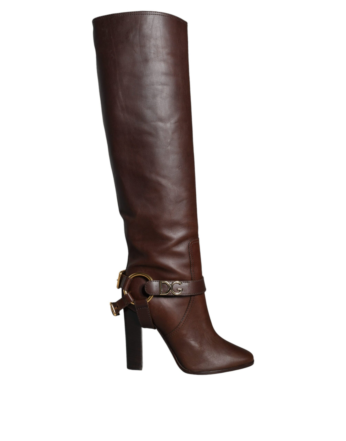 Dolce & Gabbana Bottes Hautes en Cuir Marron avec Logo Doré
