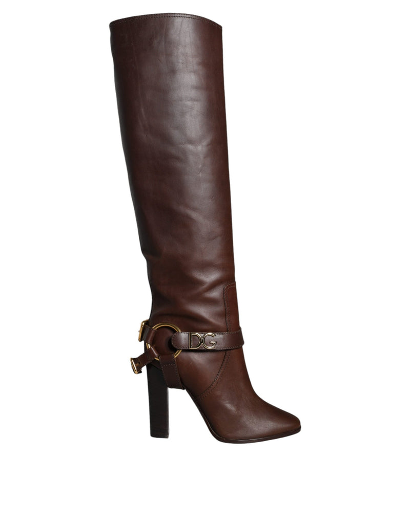 Dolce & Gabbana Bottes Hautes en Cuir Marron avec Logo Doré