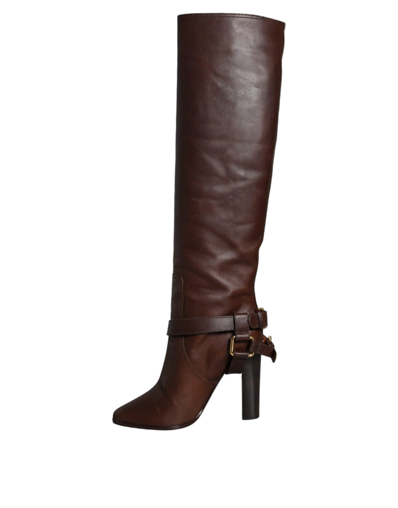 Dolce & Gabbana Bottes Hautes en Cuir Marron avec Logo Doré