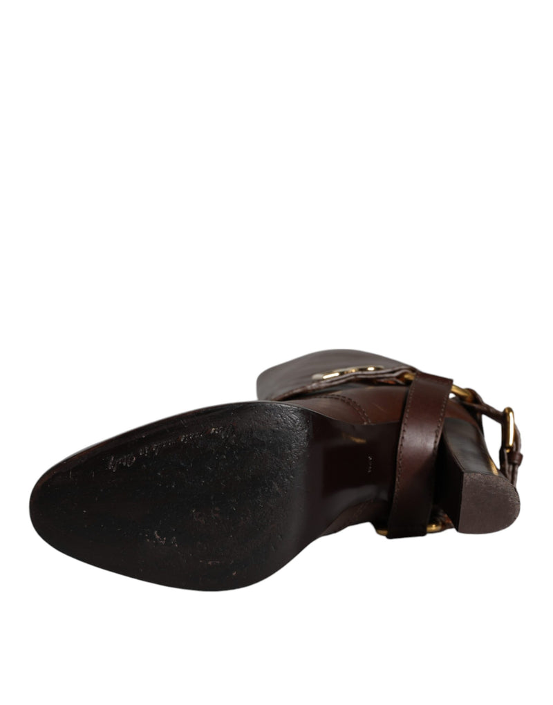 Dolce & Gabbana Bottes Hautes en Cuir Marron avec Logo Doré
