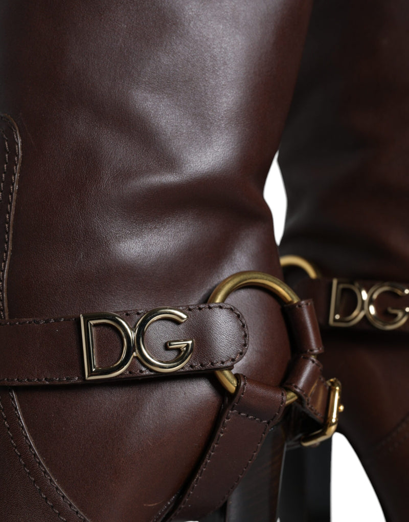 Dolce & Gabbana Bottes Hautes en Cuir Marron avec Logo Doré