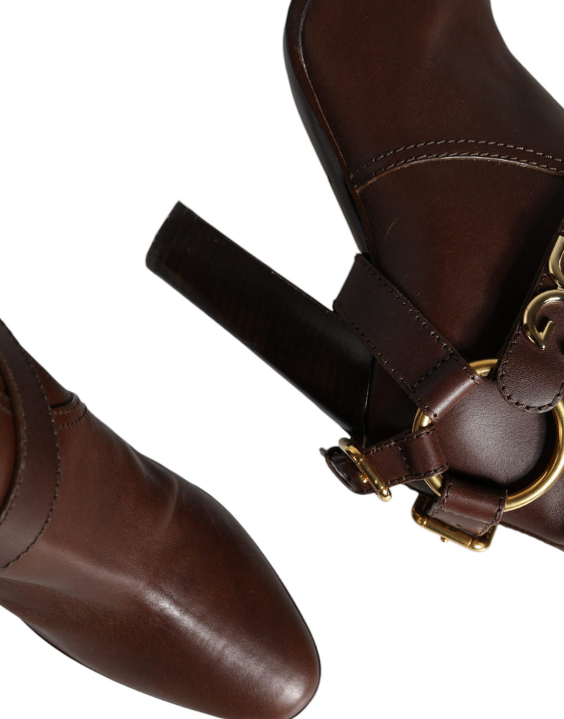 Dolce & Gabbana Bottes Hautes en Cuir Marron avec Logo Doré