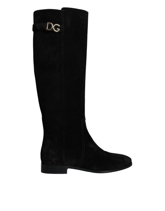 Bottines hautes au genou en cuir suédé noir Dolce & Gabbana