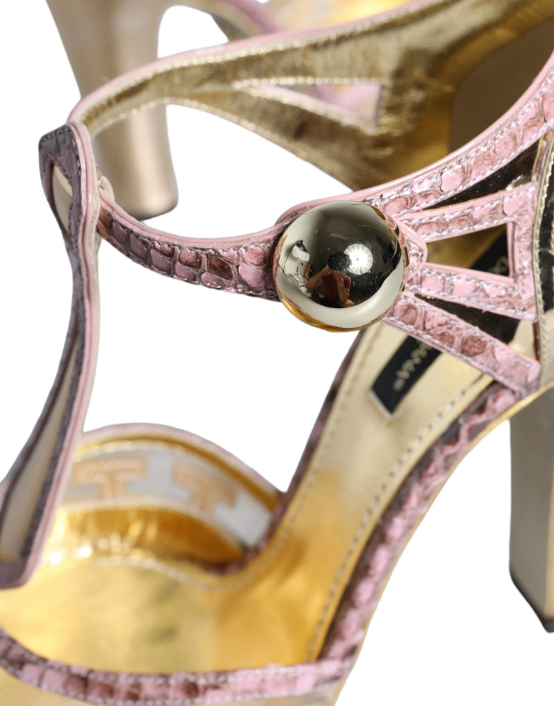 Dolce & Gabbana Sandales T-strap en Cuir Rose et Or