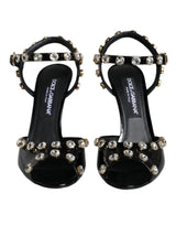Dolce & Gabbana Black Leather Crystal Ankle Strap Sandals