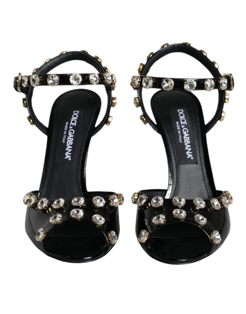 Dolce & Gabbana Black Leather Crystal Ankle Strap Sandals