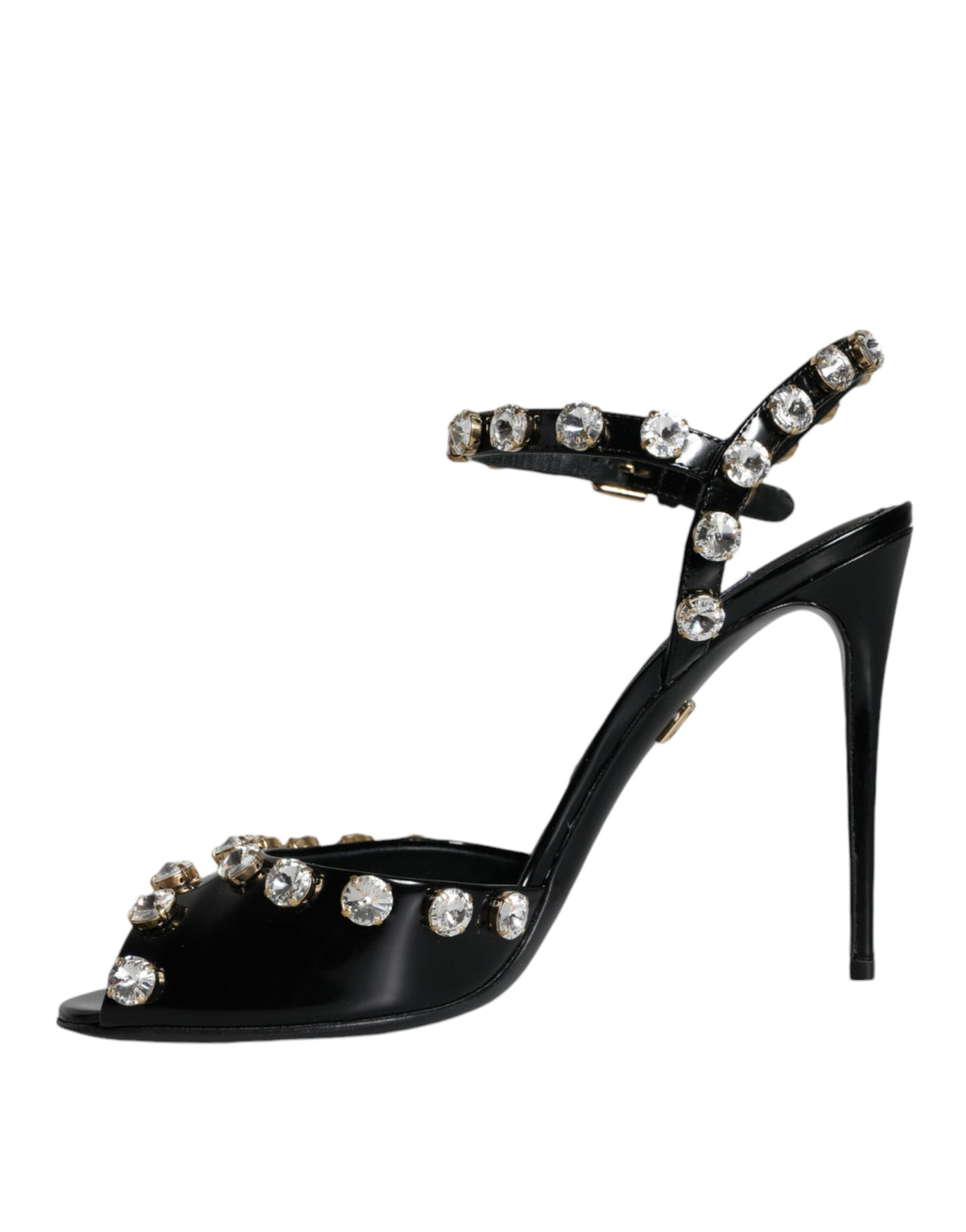 Dolce & Gabbana Black Leather Crystal Ankle Strap Sandals