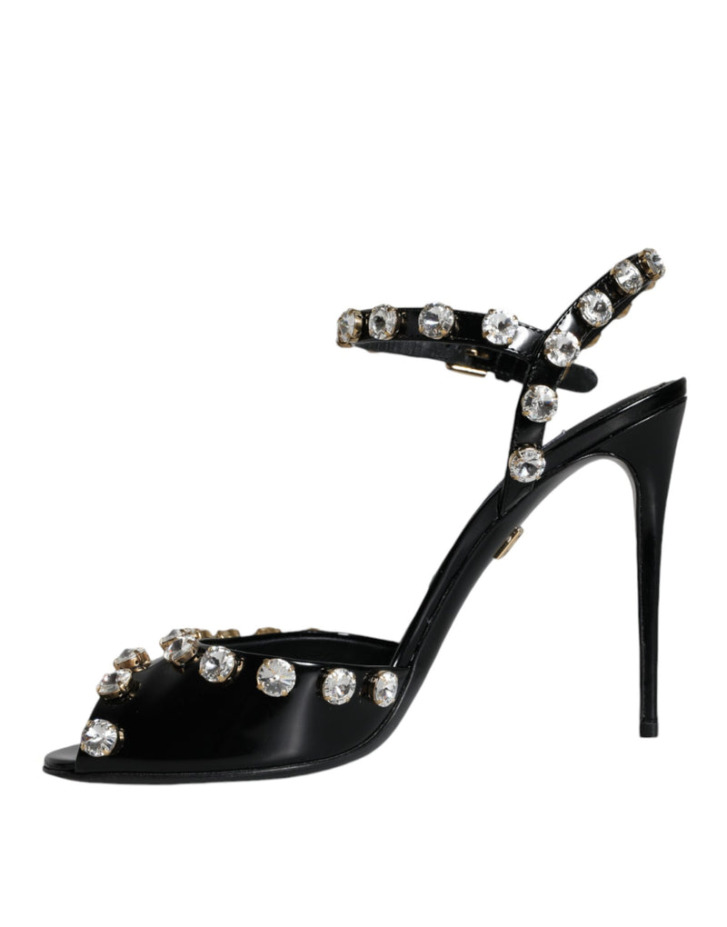 Dolce & Gabbana Black Leather Crystal Ankle Strap Sandals