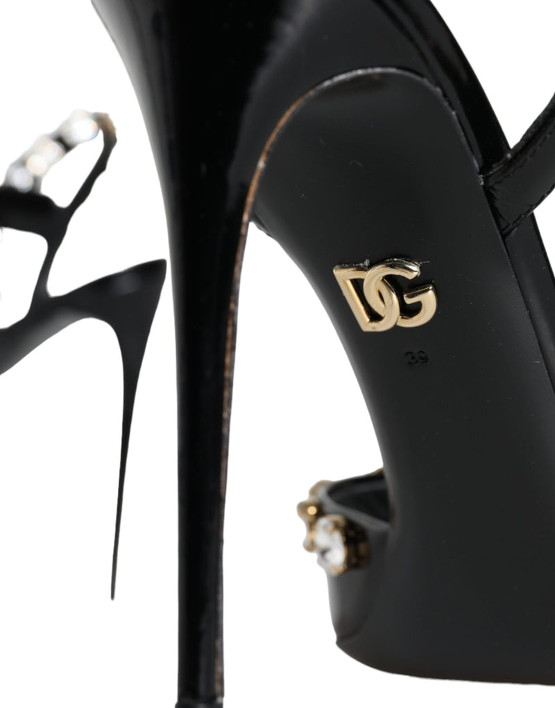 Dolce & Gabbana Black Leather Crystal Ankle Strap Sandals