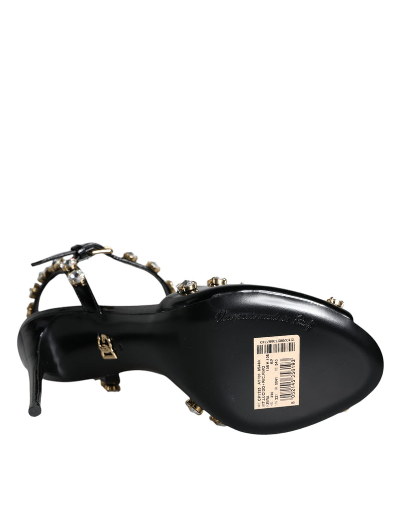 Dolce & Gabbana Black Leather Crystal Ankle Strap Sandals