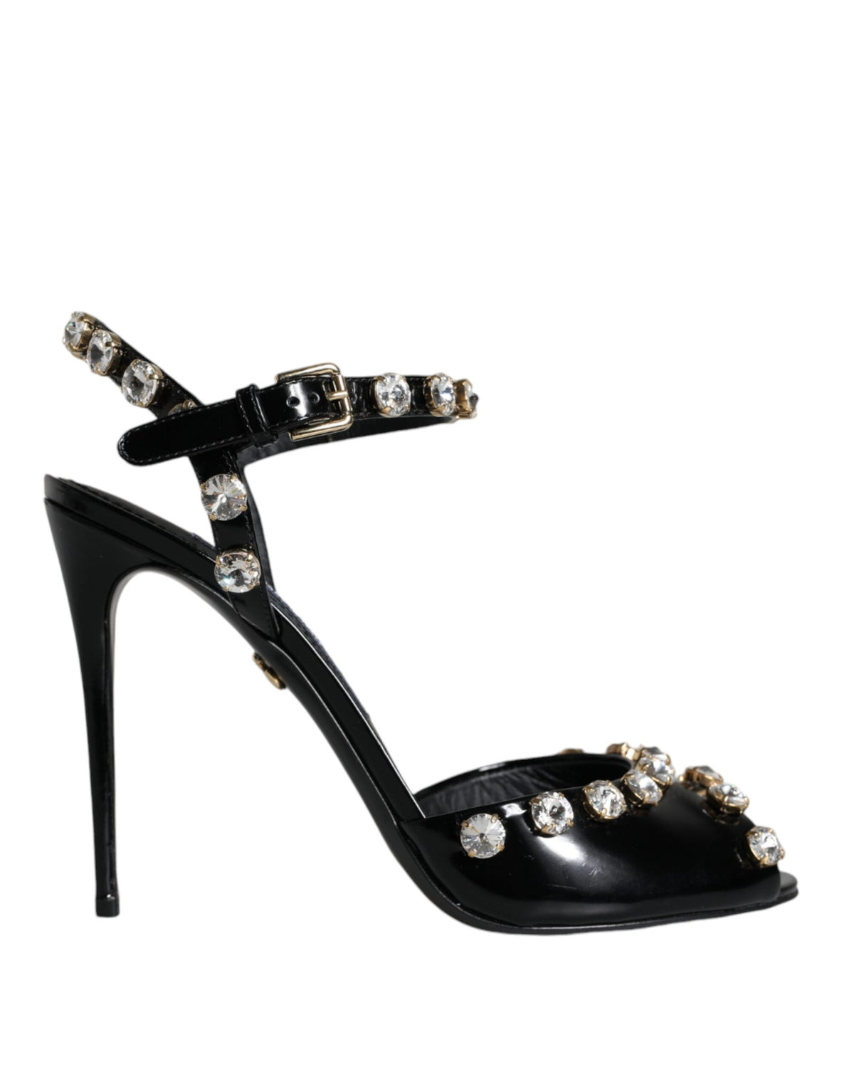 Dolce & Gabbana Black Leather Crystal Ankle Strap Sandals