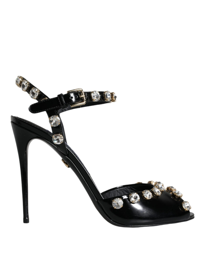 Dolce & Gabbana Black Leather Crystal Ankle Strap Sandals