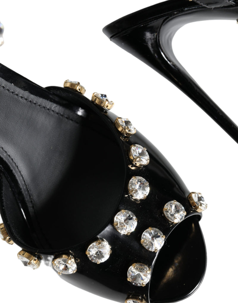 Dolce & Gabbana Black Leather Crystal Ankle Strap Sandals
