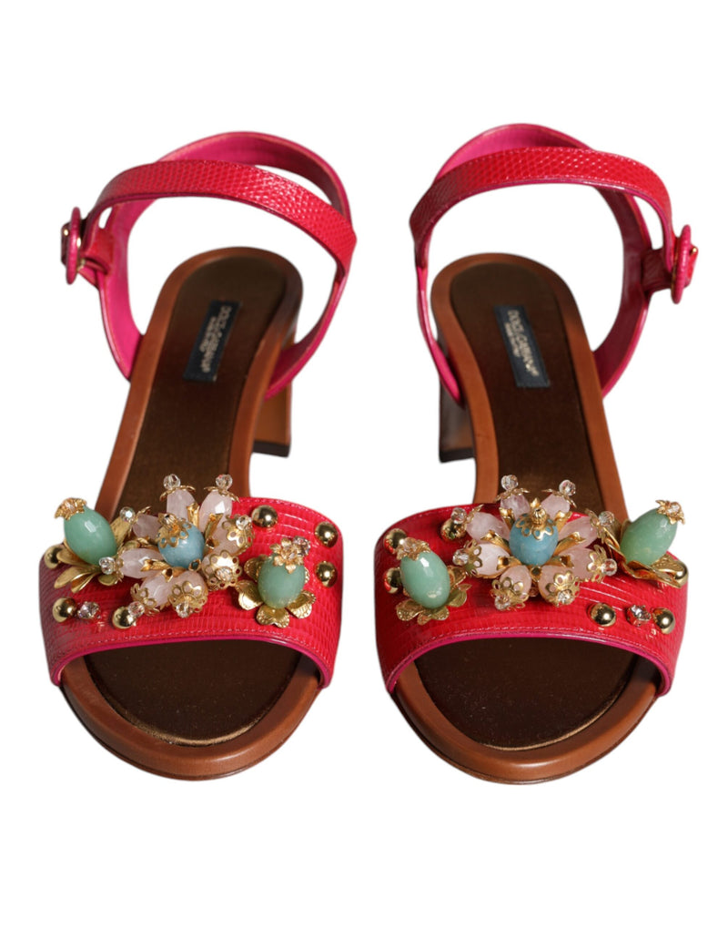 Dolce & Gabbana Fuchsia Leather Embellished Keira Sandals